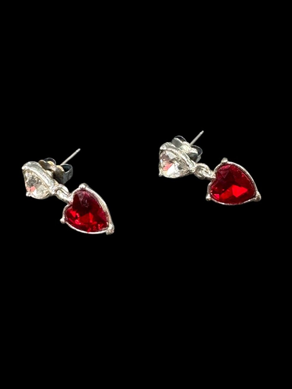 Vintage Avon Silver Tone Pierced Earrings Heart Shape Red and Clear Rhinestones